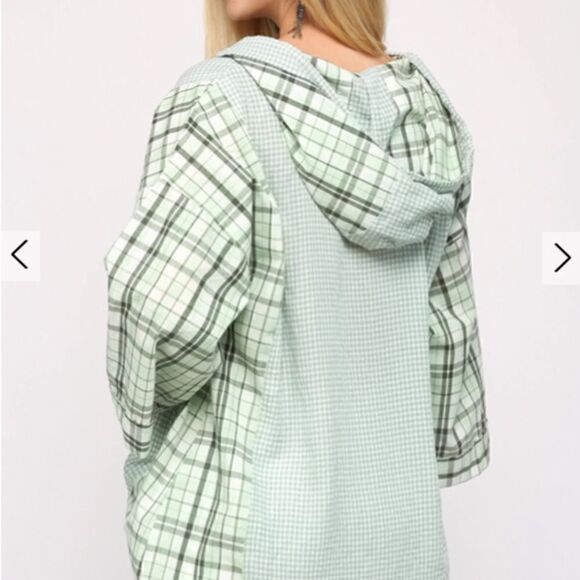 Boho Mint Green Plaid Mixed Hoodie Loose Fit Pullover Top Raw Edge Cotton - Picture 5 of 7